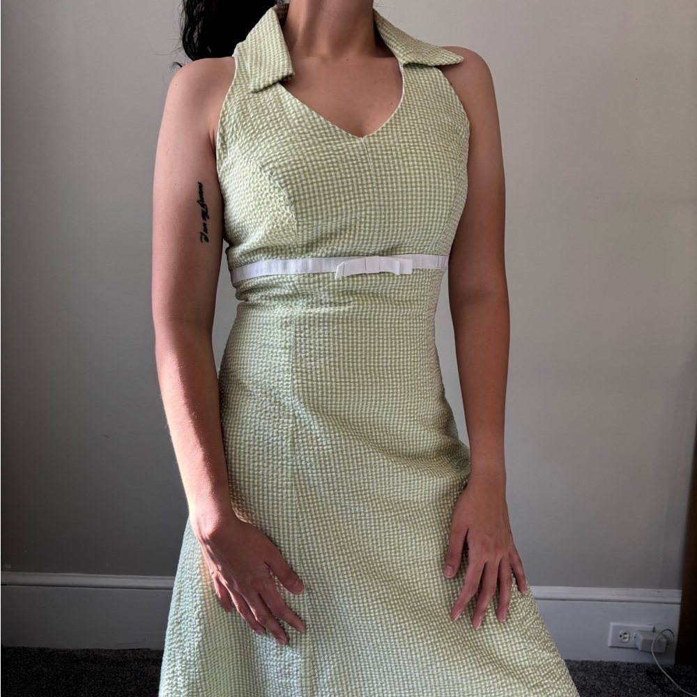 60's 70's Vintage Retro Halter Cottagecore Green Plaid Midi Boho Dress - Small